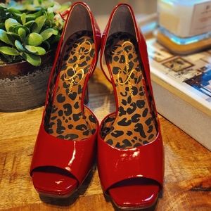 Red Patent Leather Peep-Toe Heels